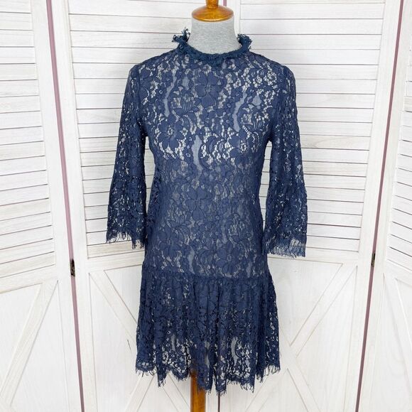 Missguided Sheer Lace Topper Tunic Dress Navy Blue Size 4 Whimsigoth Boho Goth - Picture 1 of 13